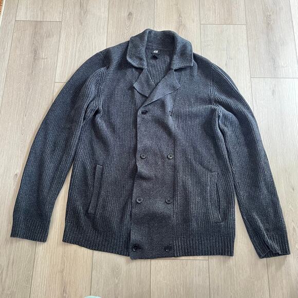 H&M Dark Gray Heavy Cable Knit Cardigan Sweater Sz L - Picture 1 of 8
